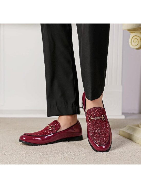 Men\'s Red Rubber Sole Leather Sparkly Sequins Loafers Gold Buckle Party Shoes main image 4